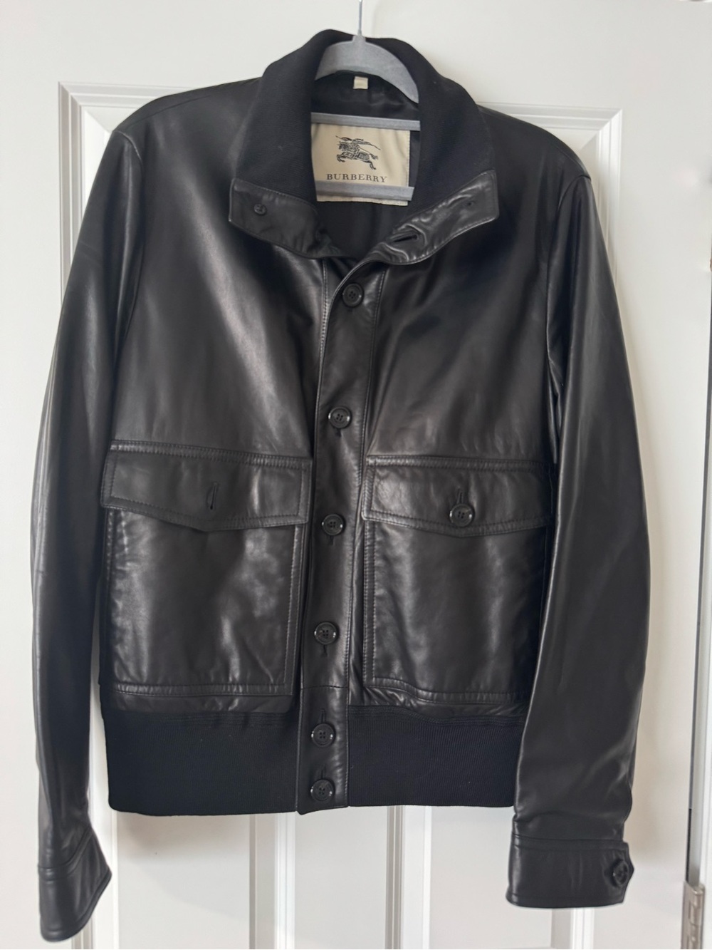 Burberry Black Leather Bomber Jacket with Button Front